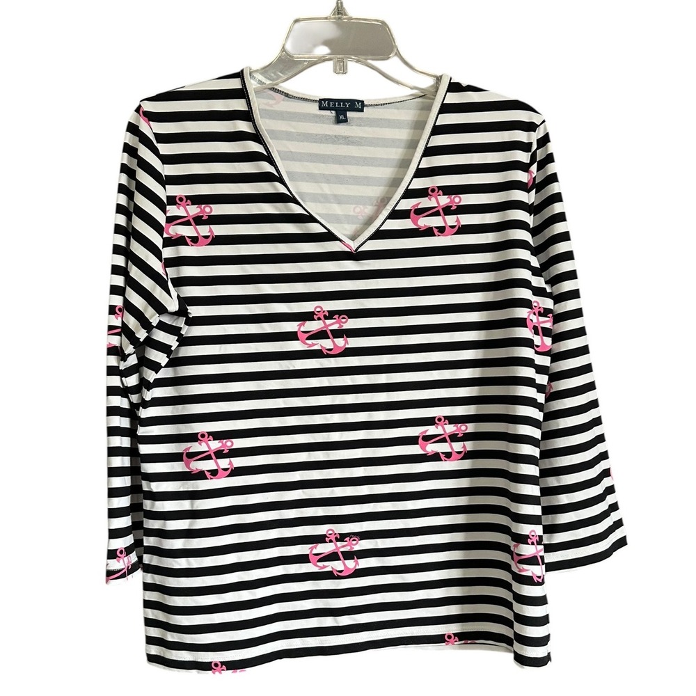 Melly M Women XL Nautical Striped V-Neck Rash Guard Top Anchors Black White